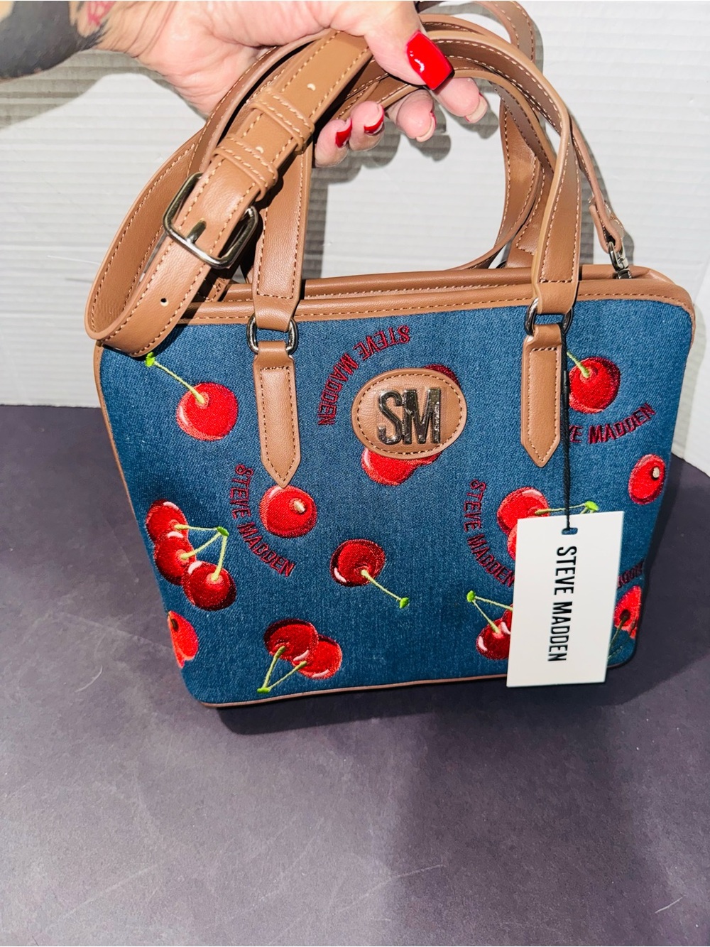 Steve Madden Embroidered Denim blue cherry satchel Top-Handle bag BNWT